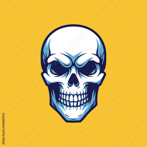 Scary Skull Illustration with Blue and White Tones on Yellow Background