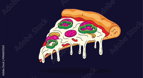 Cheesy pizza slice pop art illustration with vibrant pepperoni toppings