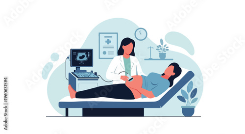Obstetrician Performing Ultrasound Pregnancy Check with Monitor Screen in Clinic Vector Illustration