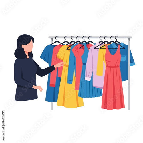 Woman choosing dress from colorful clothing rack, fashion boutique shopping