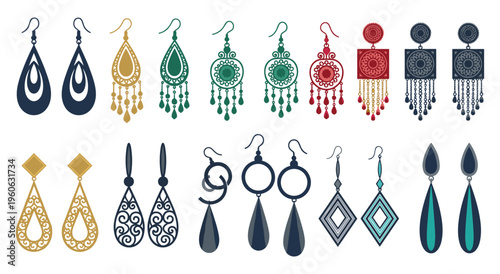 Collection of diverse, ornate earrings in various shapes and colors for fashion