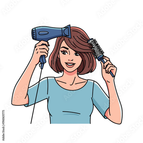 Woman drying and styling her short brown hair with a hairdryer and round brush