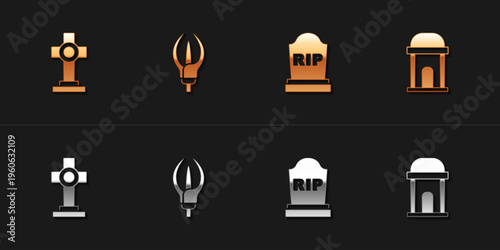 Set Grave with cross, Lily flower, Tombstone RIP written and Old crypt icon. Vector