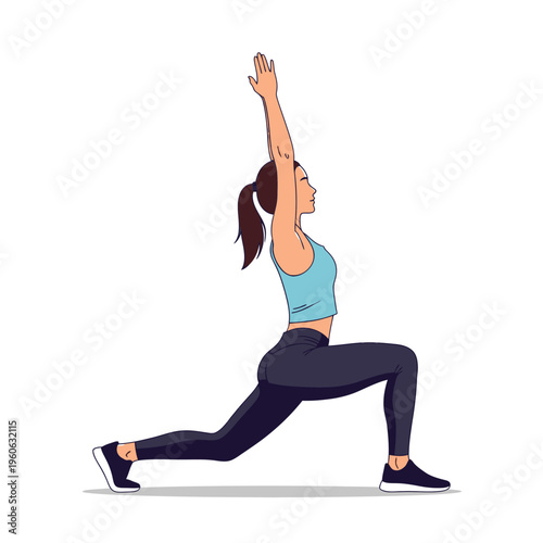 Woman performing a low lunge yoga pose, stretching arms overhead, fitness illustration