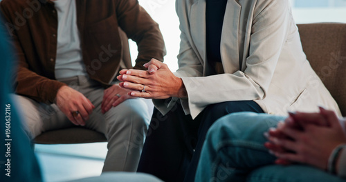 Quadro em tela Stress, hands and woman with talking in group therapy for healing, mental health or grief support