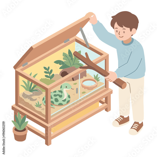 Man opening terrarium with plants and reptiles in indoor setting