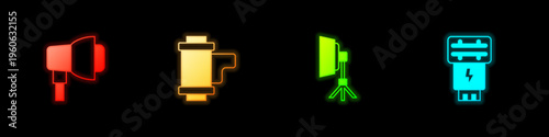 Set Softbox light, Camera roll cartridge, and Photo camera flash icon. Vector