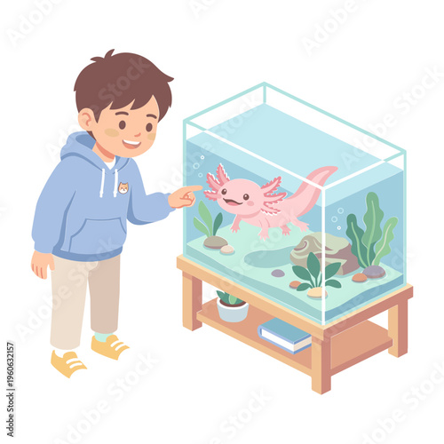 A boy curiously observes a pink axolotl swimming in a well-decorated aquarium on a wooden table.