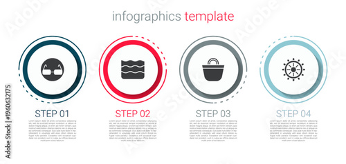 Set Glasses, Wave, Beach bag and Ship steering wheel. Business infographic template. Vector