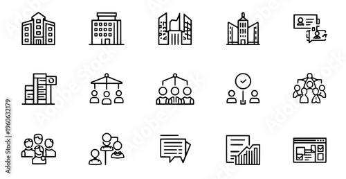 Collection of 14 line icons related to business organizations and communication