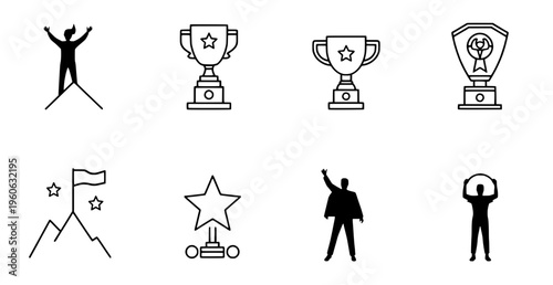 Collection of achievement and success icons in black and white