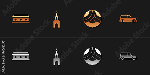 Set Coffin with cross, Church building, Memorial wreath and Hearse car icon. Vector