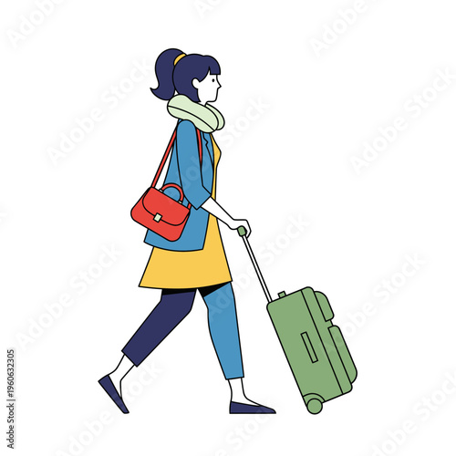 Woman traveler with suitcase and neck pillow walking, isolated on white background, cartoon style