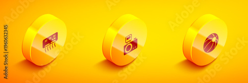Set Isometric Air conditioner, Photo camera with flash and Beach ball icon. Vector
