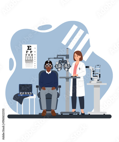 A professional optometrist conducts a comprehensive eye examination for a male patient, utilizing advanced vision testing equipment and a Snellen chart.