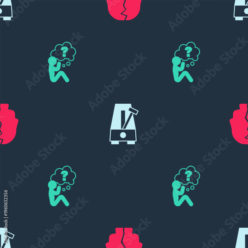 Set Bipolar disorder, Metronome with pendulum and Head question mark on seamless pattern. Vector