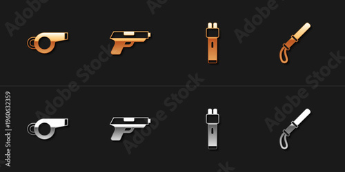 Set Whistle, Pistol or gun, Police electric shocker and rubber baton icon. Vector