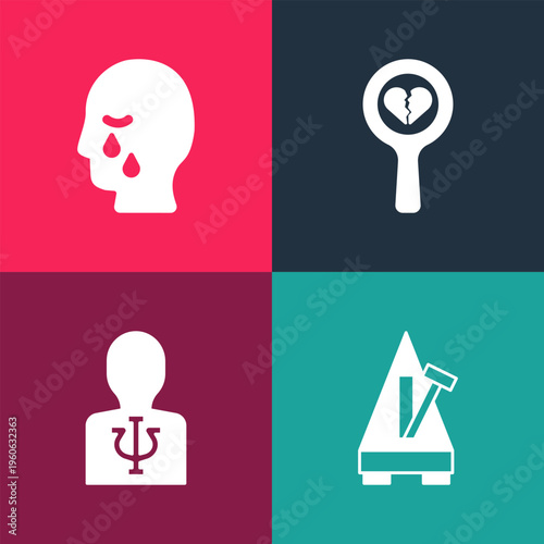 Set pop art Metronome with pendulum, Psychology, Psi, Broken heart or divorce and Man graves funeral sorrow icon. Vector