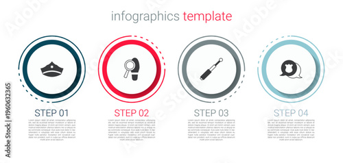 Set Police cap with cockade, Footsteps, Telescopic baton and badge. Business infographic template. Vector