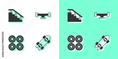 Set Longboard or skateboard, Skateboard stairs with rail, wheel and icon. Vector