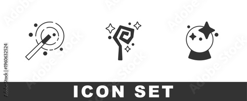 Set Magic wand, staff and ball icon. Vector