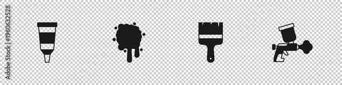 Set Tube with paint palette, Paint spray, brush and gun icon. Vector