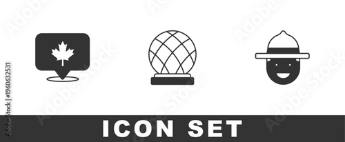 Set Canadian maple leaf, Montreal Biosphere and ranger hat icon. Vector