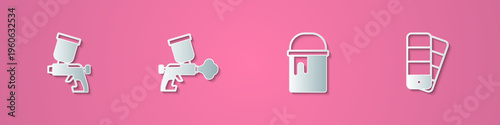 Set paper cut Paint spray gun, bucket and Color palette guide icon. Paper art style. Vector