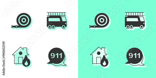 Set Emergency call 911, Fire hose reel, in burning house and truck icon. Vector