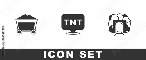 Set Mine coal trolley, Dynamite and entrance icon. Vector