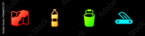 Set Camping and hiking on map, Bottle of water, Bucket and Swiss army knife icon. Vector