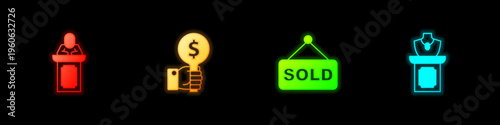 Set Auction auctioneer sells, Hand holding paddle, sold and jewelry sale icon. Vector