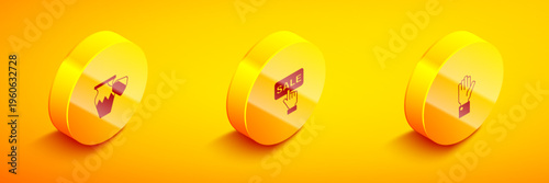 Set Isometric Auction ancient vase, Price tag with Sale and Hand holding auction icon. Vector