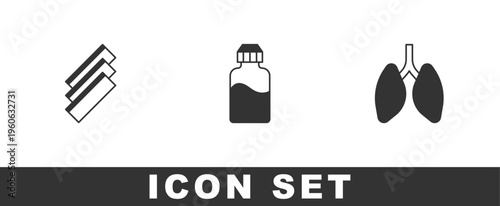 Set Cigarette rolling papers, Vape liquid bottle and Lungs icon. Vector