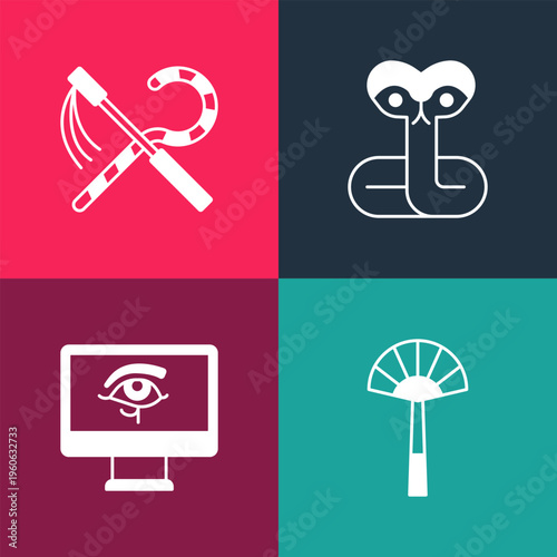 Set pop art Egyptian fan, Eye of Horus on monitor, Snake and Crook and flail icon. Vector