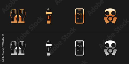 Set Firefighter gloves, Flashlight, Mobile emergency call 911 and Gas mask icon. Vector
