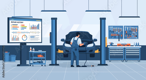 Mechanic working on car in modern auto repair shop.