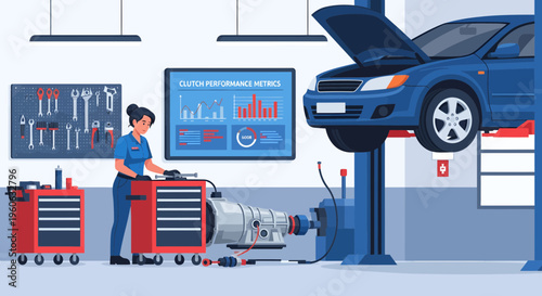 Mechanic working on car transmission in auto repair shop.