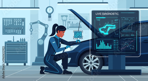 Female mechanic diagnosing car with advanced technology screen.