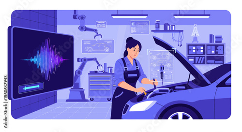 Female mechanic inspecting car engine with advanced technology.