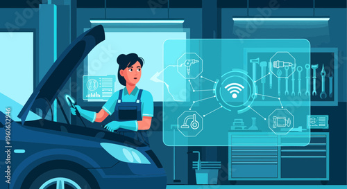 Female mechanic inspecting car engine with futuristic technology interface.