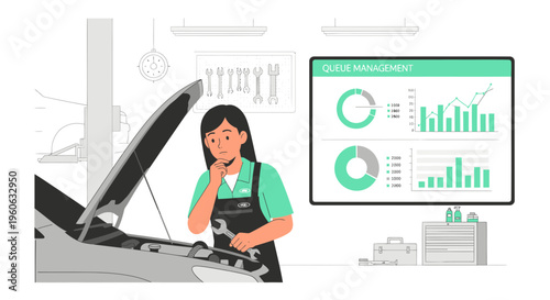 Female Mechanic Inspecting Car Engine with Data Analysis Screen.