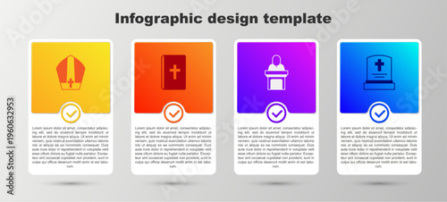 Set Pope hat, Holy bible book, Church pastor preaching and Grave with tombstone. Business infographic template. Vector