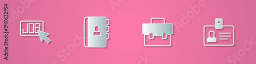Set paper cut Search job, Resume, Briefcase and Identification badge icon. Paper art style. Vector