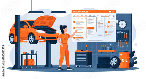 Female mechanic inspecting car on lift with checklist.
