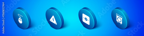 Set Isometric Computer mouse, Voltmeter, Washer and High voltage icon. Vector