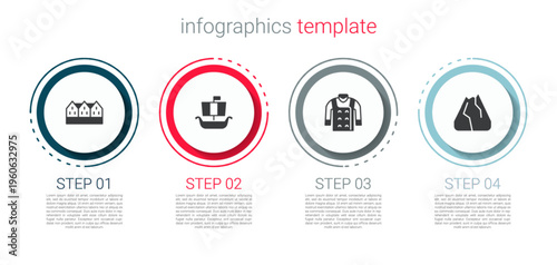 Set Norwegian wooden house, Viking ship Drakkar, Sweater and Mountains. Business infographic template. Vector