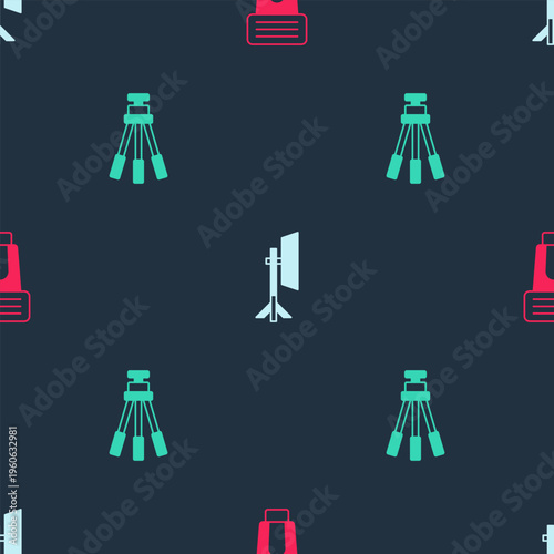 Set Photo camera flash, Studio light bulb in softbox and Tripod on seamless pattern. Vector