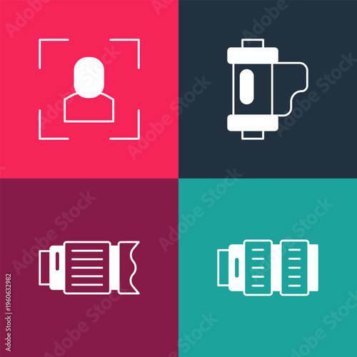 Set pop art Camera photo lens, film roll cartridge and focus frame line icon. Vector