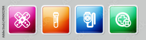 Set line Crossed bandage plaster, Test tube with blood, IV bag and hospital medical. Colorful square button. Vector